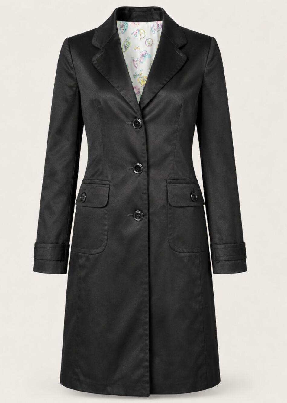 Petite Sophisticate Black Sateen Trench Coat Novelty Lining Size Small
